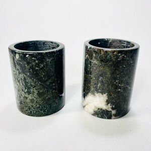 2 x Green Gray White Marble Stone Tea Light Candleholders Pillar Cylinders